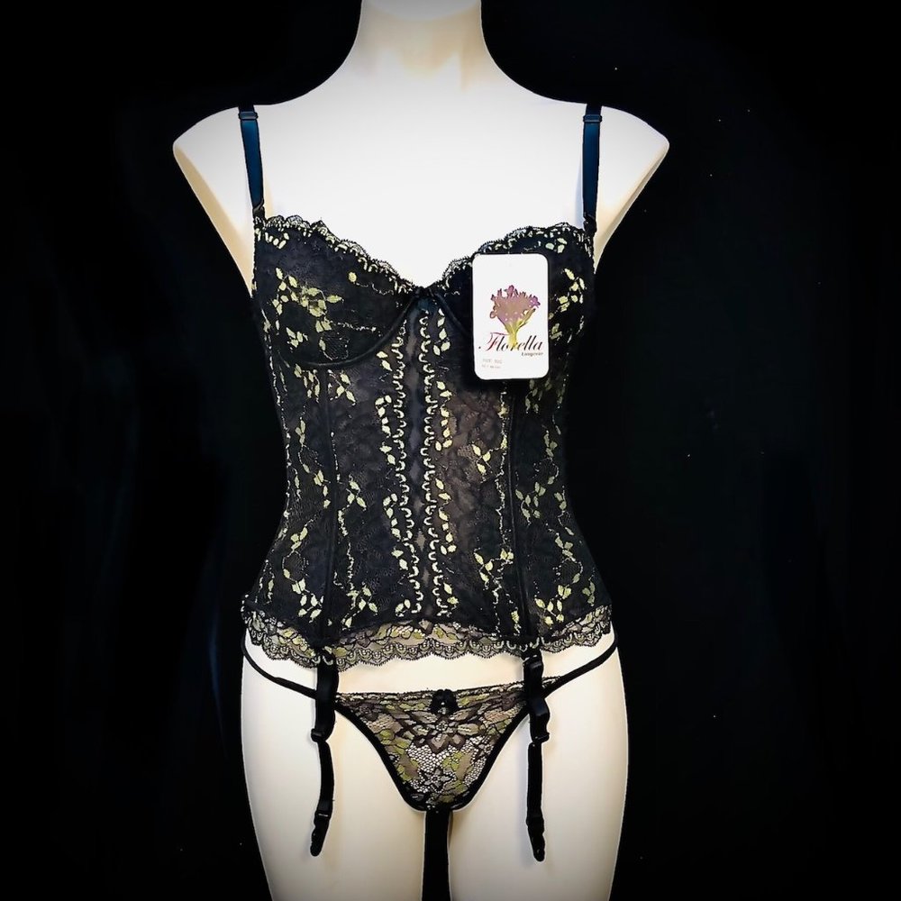 Florella Black Lace Corset Bustier with Matching Thong Set - New with Tags